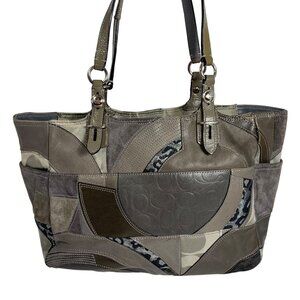 Coach Gray Signature Patchwork Leather Suede Blend Shoulder Tote Bag F15459